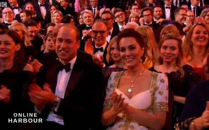 Prince William and Kate Middleton smiling at Brad Pitts Joke at the BAFTAs 2020