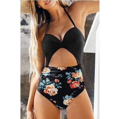 Women's Black Floral Print Halter Cut-out High Waist One Piece Swimsuit