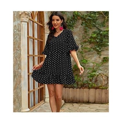 Womens Casual Crew Neck Babydoll Dress Draped Bell Sleeve Ruffles Loose Swing Tunic Shift Dress