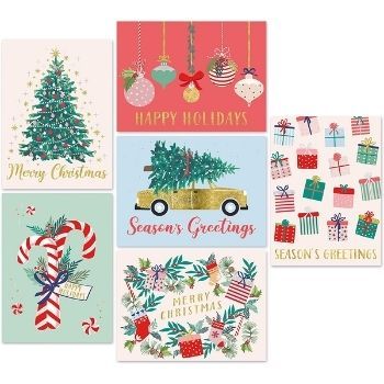 Christmas Cards Set - Gold Foil Holiday Cards with Red Envelopes