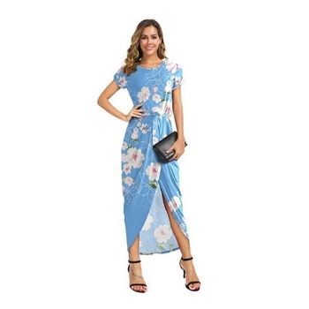 Women Short Sleeve Summer Dresses Elastic Waist Casual Maxi Dress