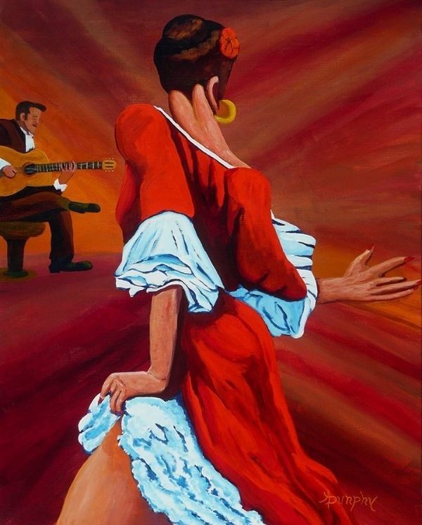 Dancing in red lady red dress spanish guitar painting