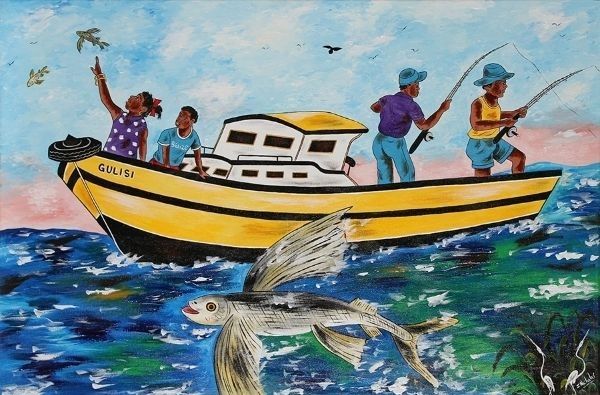Flying Fish acrylic on canvas people fishing out at sea