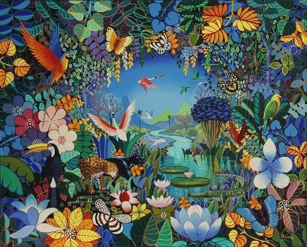 Tropical scene exotic birds and plants acrylic painting