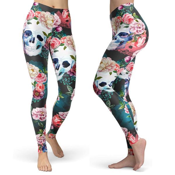 Women Skull Leggings Soft Rose Printed Stretchy Pants